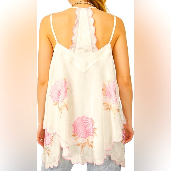 New Free People Zayda Embroidered XS S M Ivory Pink V-Neck Roses Silky Tank Top - Picture 12 of 13
